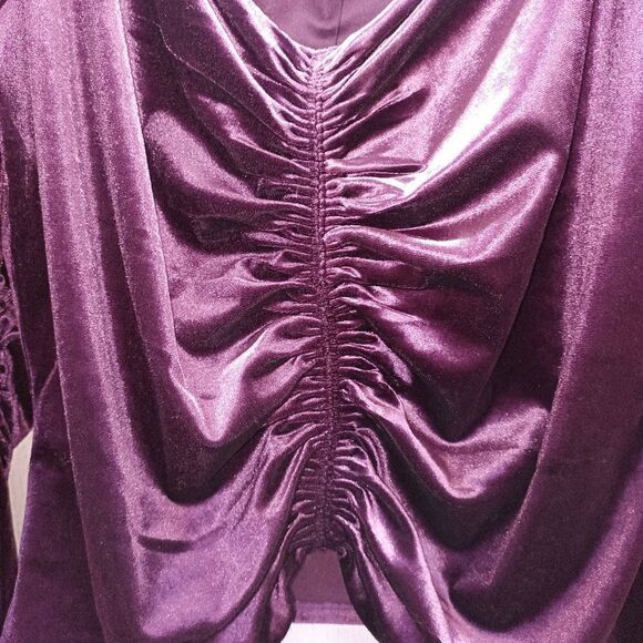 Express Velvet top Ruched front puff sleeves in purple 💜 LOVE THIS VINTAGE LOOK - Picture 4 of 8
